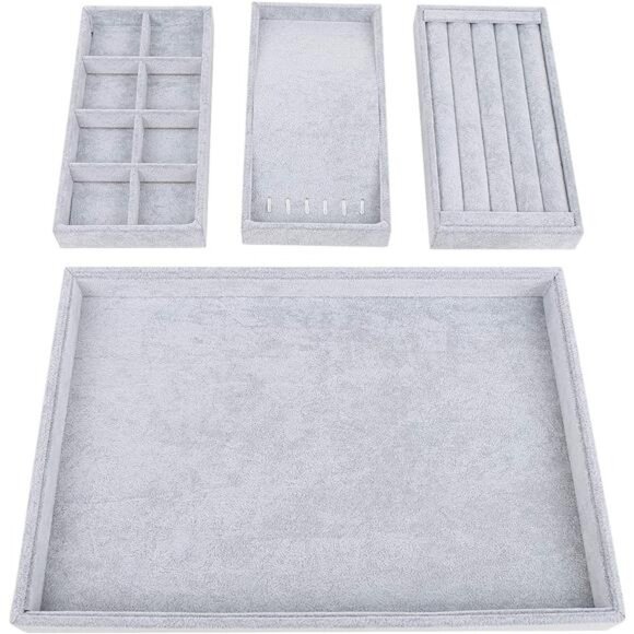 4 in 1 Jewelry Organizer Trays, Stackable Velvet Jewelry Tray for Drawers Ring Jewelry Organizers